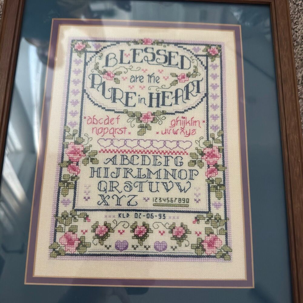 Vintage Framed Cross Stitch Sampler Blessed Are The Pure In Heart Alphabet Art - Picture 5 of 8